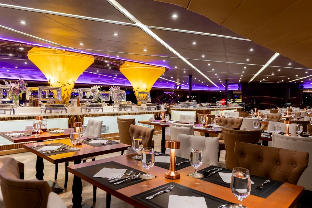 Elegant dining setup on The Opulence luxury cruise Bangkok.